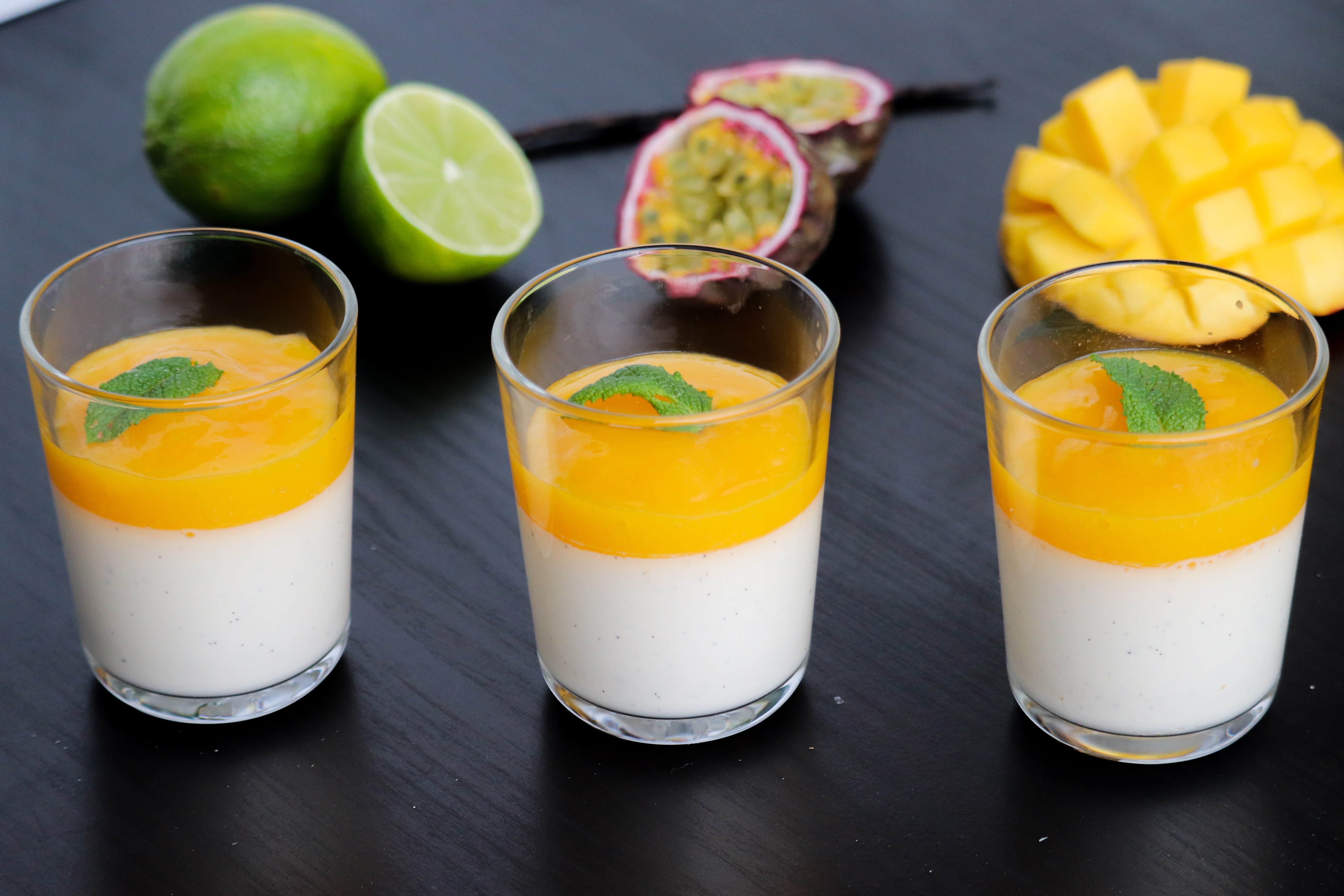 Mango Coconut Panna Cotta with Passion Fruit Coulis